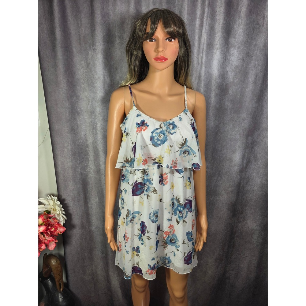 Charming Charlie Floral Ruffle Popover Mini Dress Adjustable Straps Sun Dress